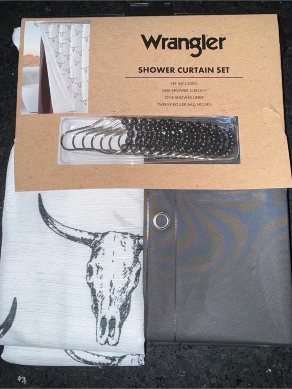 NEW WRANGLER WHITE & BLACK WESTERN BULL SKULL PRINT FABRIC SHOWER CURTAIN SET